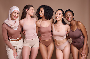 Image showing Diversity, women and studio beauty for self love, support of global community and healthy skincare, cosmetics and race group. Happy female models celebrate body positivity, inclusion and solidarity