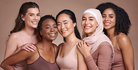 Image showing Diversity, women and beauty with skincare and portrait, smile and happy models, different and empowerment with motivation against studio background. Inclusion, equal and gender with culture and skin.
