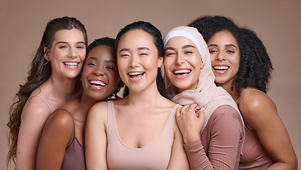 Image showing Happy, portrait and women with diversity and beauty, friends together and inclusion, pride in different skin and studio background. Skincare, glow and empowerment with multicultural models.