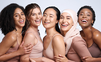 Image showing Portrait, beauty and diversity with woman friends in studio on a gray background together for inclusion. Happy, smile and solidarity with a model female group posing to promote real equality