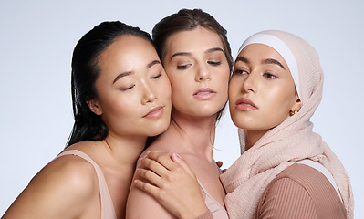 Image showing Beauty, face and women with diversity and skincare, cosmetic marketing with different skin, glow and shine. Makeup, inclusion and natural cosmetics, facial care and wellness with studio background.