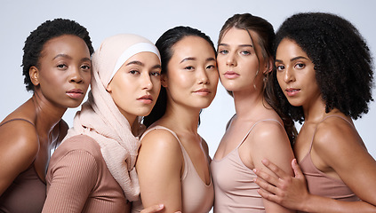 Image showing Beauty, skincare and face of different women group together for diversity, cosmetics and dermatology with glow and shine on skin. Female friends in studio for inclusion, makeup and self love portrait