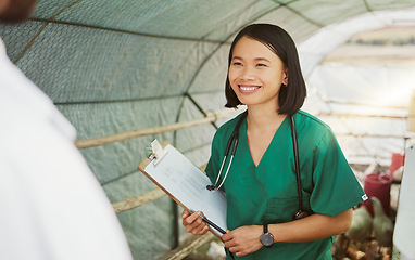 Image showing Vet, animal health and woman with checklist for bird flu symptoms and agriculture on chicken farm. Poultry farming, veterinary and doctor with clipboard for medical check, medicine and sustainability