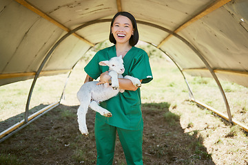Image showing Woman, veterinary or little lamb on countryside farm, sustainability agriculture or livestock farming. Portrait, smile or happy animal doctor with baby sheep for healthcare wellness check or growth