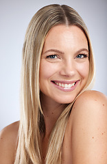 Image showing Beauty, face and teeth with woman and hair care, healthy skin with wellness and glow, facial and hair shine. Natural cosmetics, dermatology and Invisalign, skincare with cosmetic treatment portrait.
