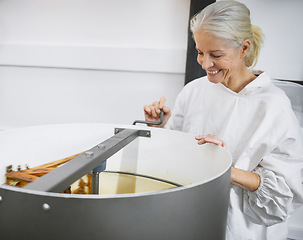 Image showing Woman, beekeeper and machine for honey production at factory. Agro sustainability, agriculture and mature female bee farmer with mixer in warehouse for manufacturing or harvesting organic propolis.