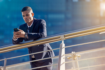 Image showing Business, man and phone outside for 5g internet to search or browse social media for media content. Businessman, balcony and cellphone for social network browsing for communication and texting