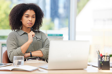 Image showing Business laptop, thinking and black woman in office trying to solve problem. Idea, focus and female employee from South Africa with computer contemplating solution, pensive or lost in thoughts alone.