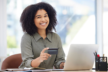 Image showing Credit card, laptop and black woman portrait in office for online shopping, fintech payment and finance employeer happy to invest savings. African woman, ecommerce web or internet banking on computer