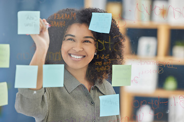 Image showing Glass, sticky notes and woman writing idea, planning and strategy in office, happy and vision. Wall, black woman and creative notes by leader, goal and future innovation, mission and target plan