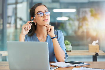 Image showing Business woman, thinking and office with laptop, concentration and sales growth. Ceo, female entrepreneur and administrator with idea for advertising campaign, strategy and planning for project goal.