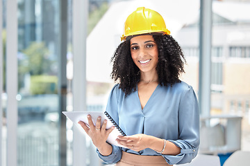 Image showing Architecture, plan and architect with a report for construction, building renovation and document for maintenance. Smile, designer and portrait of a creative worker with contractor paperwork