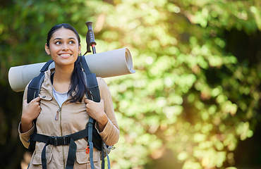 Image showing Woman, hiking and backpacking for spiritual adventure, trekking or camping in the nature outdoors. Happy female traveler or hiker with backpack equipment for travel, explore or journey in the forest