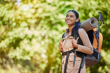 Image showing Camping, travel or woman hiking to relax on holiday vacation and breathing fresh air in nature or natural environment. Forest, freedom or happy girl hiker walking or trekking in summer in New Zealand