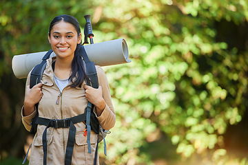 Image showing Forest, woman or camper hiking in nature with a backpack with camping gear in a relaxing holiday vacation in New Zealand. Travel, portrait or happy girl hiker trekking or walking for healthy exercise