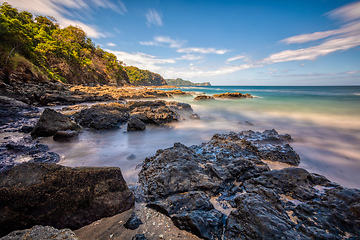 Image showing Long exposure, pacific ocean waves on rock in Playa Ocotal, El Coco Costa Rica