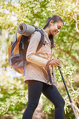 Image showing Forest, wellness and freedom of hiking woman excited for journey, adventure and walk with camping backpack. Trekking, fitness and independent camper girl in Mexico nature for sightseeing.