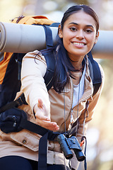 Image showing Hiking, woman and portrait of helping hand on nature exploration adventure in Cancun, Mexico. Hiker, trekking and happiness of Mexican girl on outdoor journey with friendly smile and support.