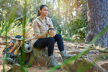 Image showing Woman, coffee break or hiking in nature forest, countryside woods or Sri Lanka environment for relax workout, training or exercise. Tourist, hiker or person with hot drink or tea in stress management