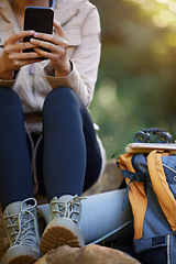 Image showing Phone, search and hiking woman hands with backpack for outdoor location, mobile app 5g network or social media update of nature journey. Fitness, adventure girl or online information on a park break