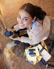 Image showing Woman, travel and hiking, fitness and adventure portrait with coffee break, explorer and trekking through nature. Outdoor, workout and hike in Peru with health and active motivation, happy top view.