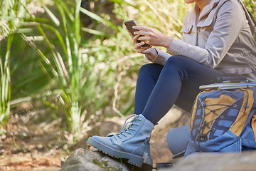 Image showing Communication, phone and legs of woman in nature to relax, search gps location and trekking during travel in Nepal. 5g connection, chat and girl on a mobile app for internet while hiking in a forest