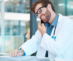 Image showing Doctor, man and phone call while writing notes for healthcare results, telehealth consulting and surgery planning with life insurance papers. Happy medical worker talking on smartphone with documents