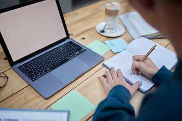 Image showing Woman hands, writing and notebook at desk with planning, schedule and strategy for web design in office. Internet expert, book and laptop with mockup, screen or working at table for web developer job