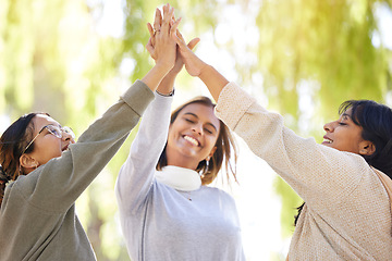 Image showing Friends, park and high five with joy in celebration for love, care and affection in nature. Female group, hands together and joined for bonding friendship with cheerful freedom in carefree garden