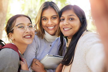 Image showing Friends, women and students selfie at university for happy memory. Education, learning and face portrait of group of girls bonding and taking pictures at college for social media or profile picture.