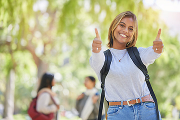 Image showing Young woman, thumbs up and university student, yes and success in education, academic study and to learn mockup. Agreement, smile and scholarship with degree, learning and portrait on New York campus