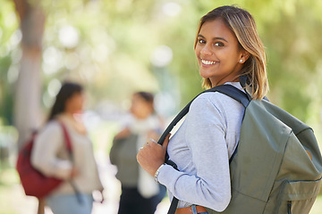 Image showing Education, scholarship or girl in university, college or back to school with a happy smile excited for learning on campus. Portrait, future or Indian student with motivation, knowledge or study goals