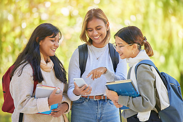 Image showing College, happy and student friends with phone for gen z meme, app or streaming funny video. Fun, relax and interracial girl friendship with learners on break at university campus with mobile.