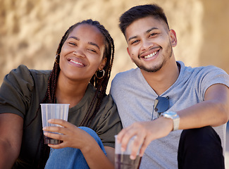 Image showing Portrait, couple of friends and drinks at party, relax and celebration for bonding and casual. Black woman, Latino man and drinking for event, chilling and loving for relationship, smile and happy.