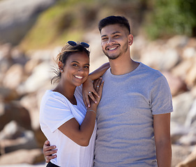 Image showing Happy, love and portrait of a couple on a vacation, adventure or romantic weekend trip together. Happiness, smile and young man and woman on date in nature while on holiday or journey in Puerto Rico.