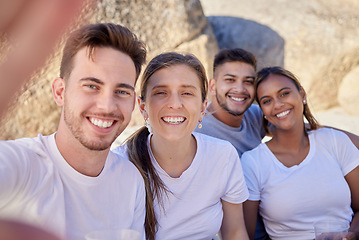 Image showing Selfie, smile and couple of friends at the beach enjoy summer holiday, vacation and picnic on weekend. Friendship, happiness and portrait of men and women on double date, adventure and relax by sea