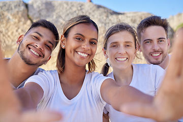 Image showing Couple of friends, diversity or selfie in nature hike, social gathering or summer holiday in travel location or countryside mountains. Smile portrait, happy men and women bonding in pov photography