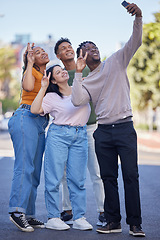 Image showing Friends, selfie with peace, urban and group photography in street, smartphone and travel with youth in Washington DC. Phone, social media content and smile in picture, v hand sign and trip outdoor.