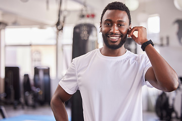 Image showing Portrait of black man, personal trainer at gym and workout athlete ready for fitness exercise, healthy body and a wellness training. Face of strength, muscle development and a physical health coach