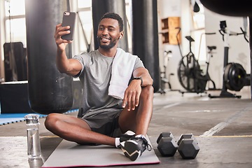 Image showing Selfie, black man and gym for exercise, training and workout for social media, connectivity and relax. African American male, athlete and smartphone to share pictures, fitness and wellness with smile