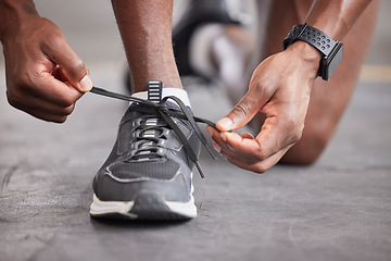 Image showing Runner, lace and black man shoes for fitness sports workout, exercise training and cardio motivation. Athlete person feet, check running sneakers and ready for marathon wellness run in health gym