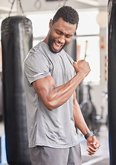 Image showing Fitness, gym and excited black man with muscle after workout, bodybuilder training and boxing exercise. Sports, power and strong male athlete flex biceps for muscular body, goals and achievement