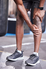 Image showing Black man, hands and knee pain in gym workout, training or workout in muscle burnout, anatomy tension or healthcare crisis. Zoom, sports athlete and personal trainer and leg injury or fitness stress