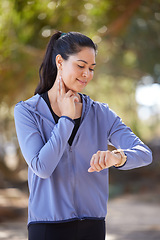 Image showing Smartwatch, fitness and woman pulse after running in the park, on a break to check heart rate on. Happy girl doing exercise, training and workout in nature for wellness, cardio and healthy lifestyle