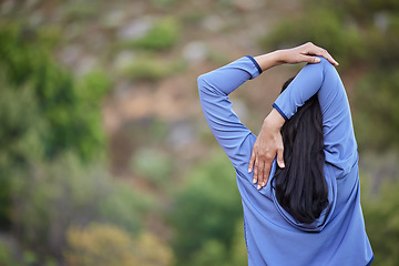 Image showing Arms stretching, fitness and woman training in nature for running and sports with mockup. Morning exercise, workout and runner back ready to start athlete run for health and wellness with mock up