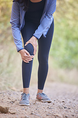 Image showing Woman, legs and runner knee pain outdoor for fitness exercise, cardio workout accident or training in nature park. Joint pain, leg wellness emergency or athlete person with running injury in forest