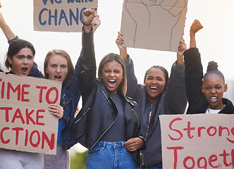 Image showing Protest, poster and angry diversity women rally for equality, human rights support or racism. Students cardboard banner, justice crowd portrait and community people fight for USA abortion law change