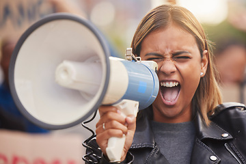 Image showing Megaphone, woman and shouting for social change, humanity and justice for equality, on street and stand up. Young female, protester and Hispanic girl with bullhorn, protesting for freedom and strike