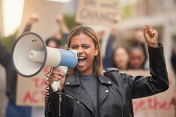 Image showing Justice, megaphone and shouting with woman in protest for equality, freedom and support for change. Global fight, social and future with girl in crowd for human rights, community and revolution