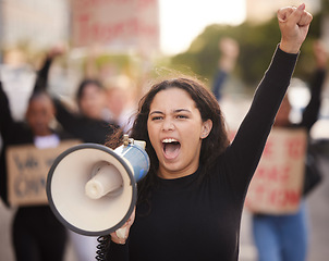 Image showing Megaphone, woman and people for gender equality, human rights or justice with freedom of speech in city street. Vote, protest and Mexico girl in crowd with voice for politics, angry broadcast or news